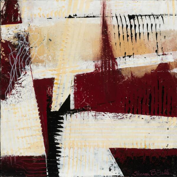 Abstract depiction of unraveling using dark red and black shapes with cream and tan.
