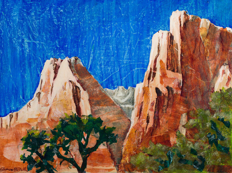 The Court of the Patriarchs area of Zion National park includes the view of three mountains, two of which are shown in this painting. A textured blue sky with striations of orange brown mountains.  Acrylic and collage on 18 inch by 24 inch wood panel. 