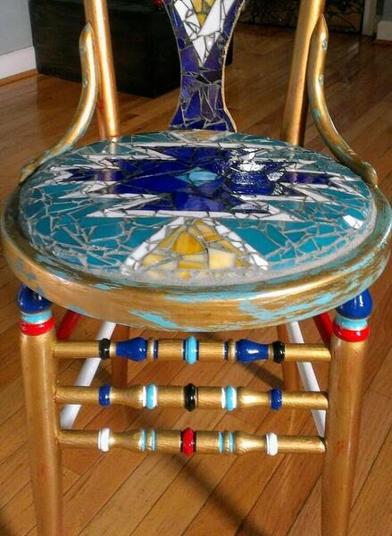 African Mosaics Inspired Decorative Chair Mediums- Recycled furniture and recycled glass, acrylic paint