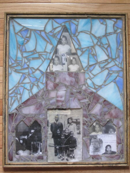 "Generations" Mosaic and collage materials on recycled glass. Size  20x27