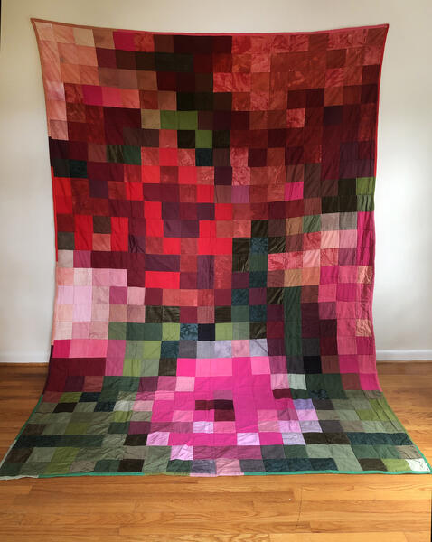 secondhand fabric, secondhand, plant-dyed, machine pieced, textile paintings, quilts, video, audio