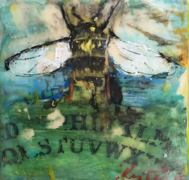 pagoda,bee,ouija,landscape,surreal,encaustic