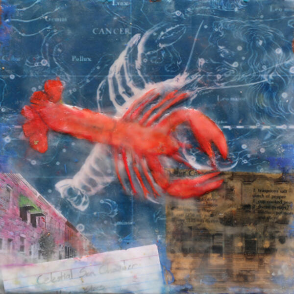 Lobster,rowhomes,cityscape,baltimore,encaustic