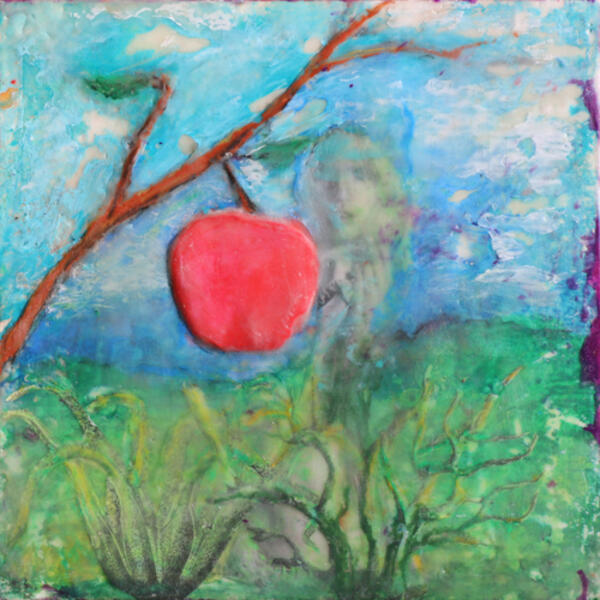 apple,landscape,stillife,portrait,eden,eve,snake,encaustic