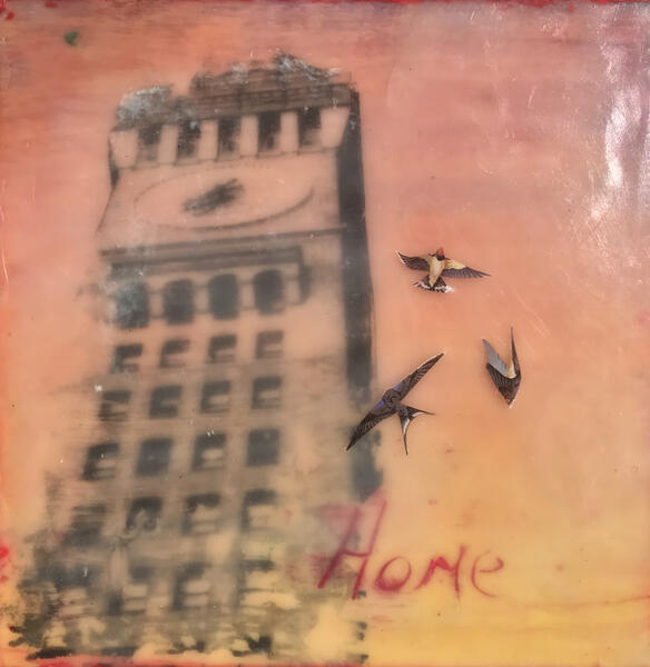 cityscape,encaustic,flock,sunset
