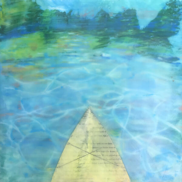 kayak,water,landscape,text,collage,encaustic