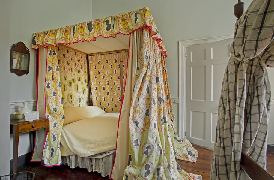 Not on View  Custom designed textile on historic canopy bed . Silhouettes derrived from unnamed historical women's images