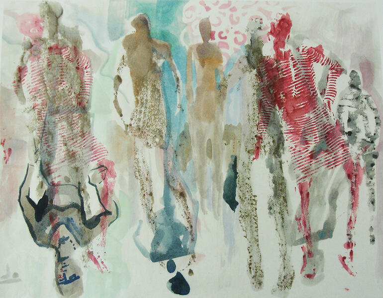 "Double People", watercolor, 2016, 15" x 20", upside down or right side up? Are we multiple people?