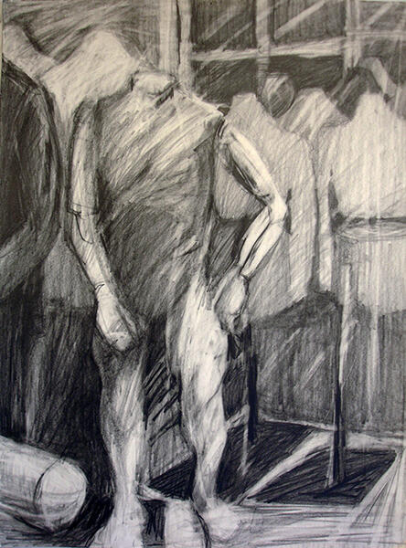"Mannequins" is a graphite drawing 15" x 9" from 2016. Even the placement of the dress models have heirarchy.