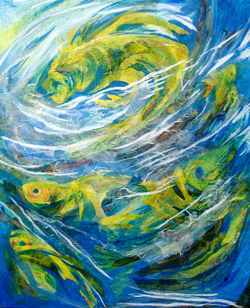 "Big Splash" is mixed media on canvas board 20" x16, 2019. The fluidity and movement of fish and water are dominant. Is that a human making the "Big Splash?"