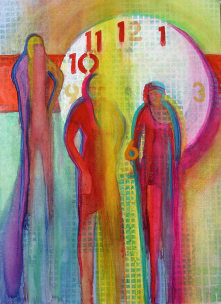 "One_Zero" is a watercolor, 24" h x 18" w, painted in 2018. Colorful figures dissolve into pattern and color energy. There is a large time piece behind them.