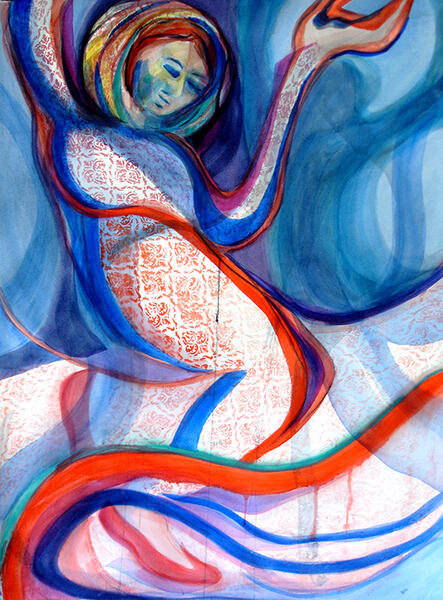 "Dancing with Shadows" is watercolor, 30" h x 22" w, painted in 2018. It's hot contours and patterns are set in a cool ground.  The swirling figure is casting shadows or dancing with shadows.