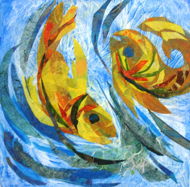 "Fish_2" is part of an 8" x 8" series of mixed media works on cradled board, 2019. Play  of color and movement provide a light moment.