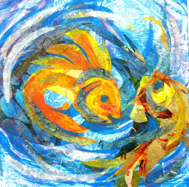 "Fish_1" is 8" x 8" mixed media on cradled board, 2019. The circling fish and water create a playful visual movement.