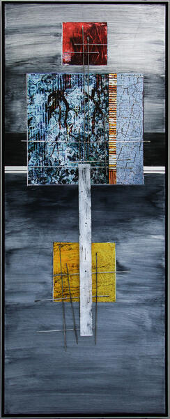 Ancient Message -  Image transfer and pigments on aluminum with sculptural steel and polycarbonate structure   19 x 54
