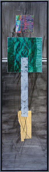 Water Message 48 x 13, Image transfer and pigments on aluminum with sculptural steel and polycarbonate structure.
