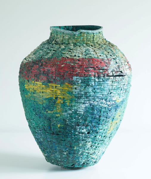 Recycled materials, woven copper, chemical patina, polychrome 6” x  6.5” x  7”