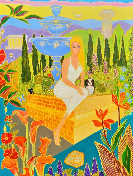 Colorful , Magic Realism , New Romanticism,Hope,Love ,Greek,myth,Goddess,Pets,Fountain,Blonde,Aphrodite