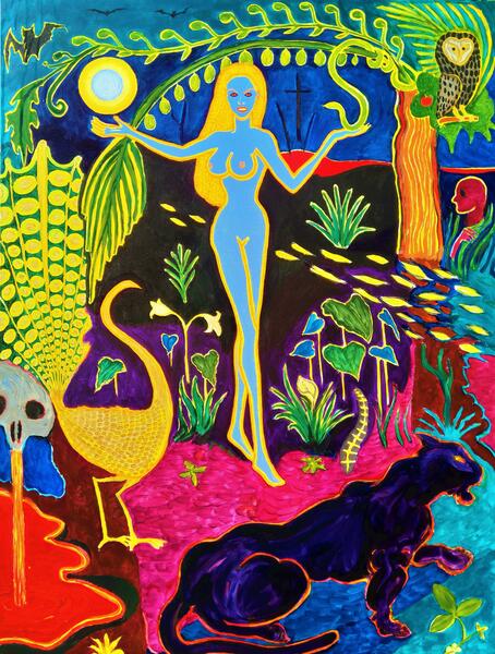 Colorful , Magic Realism , New Romanticism,Hope,Biblical,Genesis,Adam and Eve,Satan,Lilith,Panther, owl,skull,Evil,Darkness