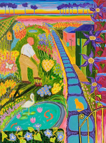 Colorful , Magic Realism , New Romanticism,Hope,Love ,Family ,Gardening,England,Digging,Koy pond,Clematis,cat,Memories,childhood
