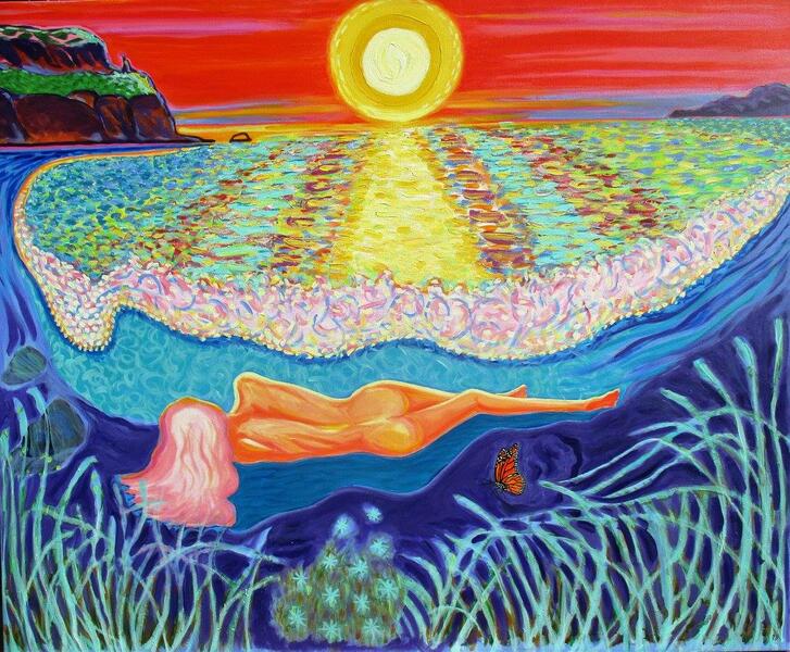 Colorful , Magic Realism , New Romanticism,Hope,Love ,Greek,myth,Goddess,Monarch,Ocean,Sunset,Shoreline,Nude,Bright,Blonde,
