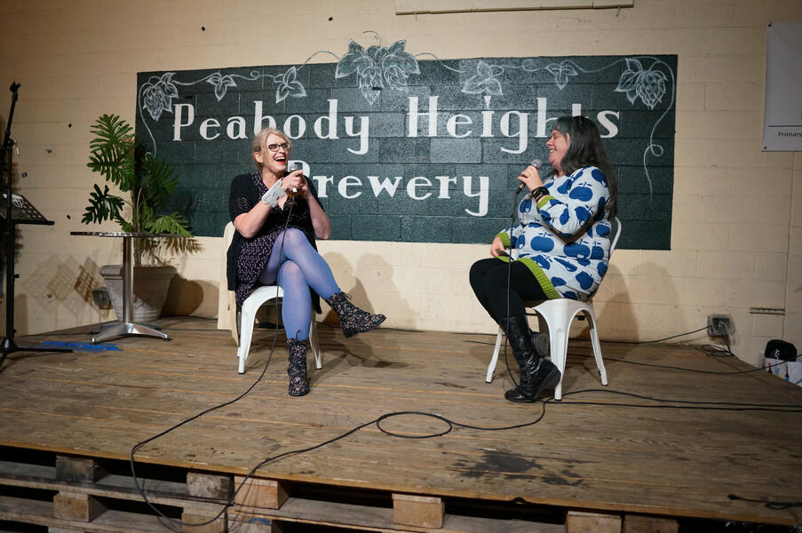Performer Rahne Alexander (left) and curator Lucia A. Treasure (right) during the post-performance Q&A at BALTIMORATORY: Hollywood, the Land I Won't Return To at Peabody Heights Brewery, November 2018. Photo by Dave Iden. 