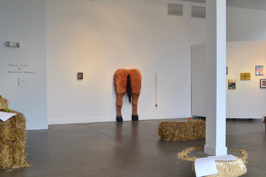 Installation View, Haystacks, scripts, horse butt, paintings and collages