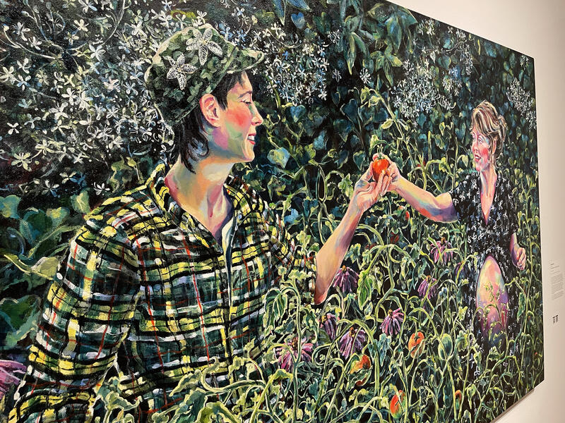 VMOCA Installation of Joan Cox painting, "In the Garden of Autumn"