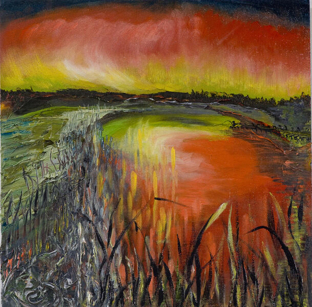 responsive painting to poem, memory, luminous red sky, foreground grasses, distant barely discernable fisherman