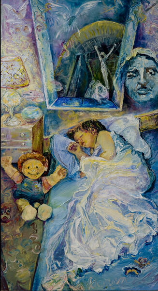 childhood dreams, sleep anxieties , oil paint, narrative, religious iconography, witches 