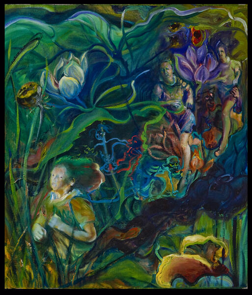 imaginary environment of a lotus swamp and woman jogger, slogging through the swamp of hungry ghosts. 