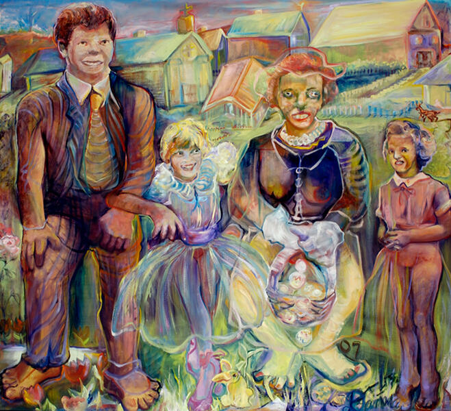 Surreal family portrait, using reference to art history. Father stiff, daughters, one gleeful the other snarly, mother in between, skull like face with an Easter bonnet