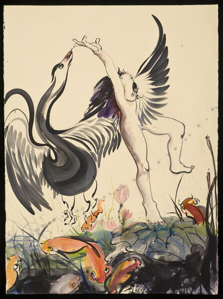 ink painting, watercolor, swan and girl
