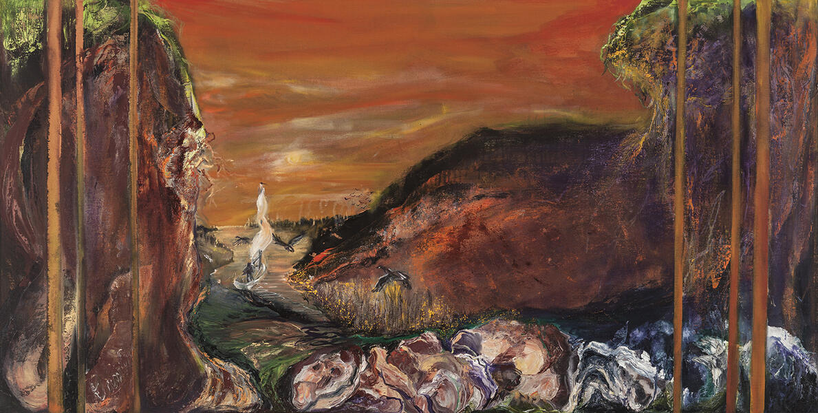 Oil on canvas, red orange sky, and thick gray purples oysters, a tight exit for a boat, low flying geese