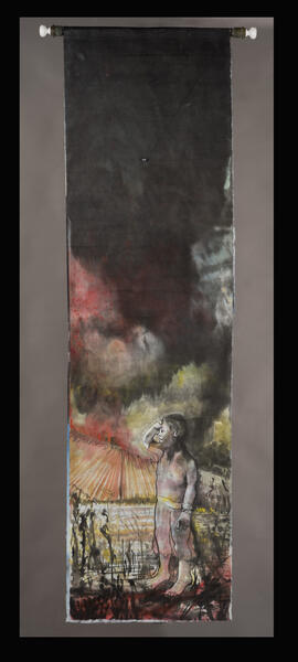 Rotating 70x20"scroll, watercolor, ink, hung from antique water pipe, lead fishing weight, global climate change