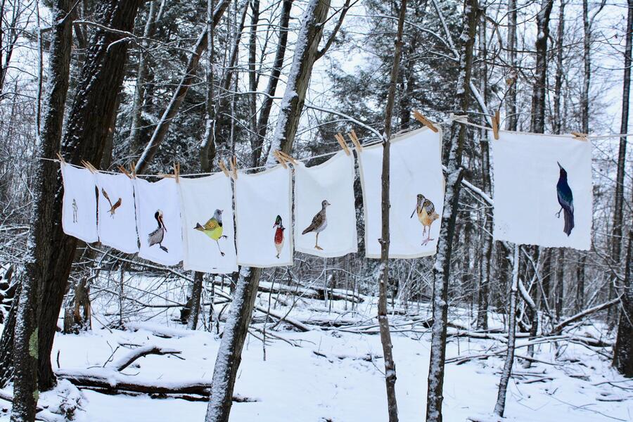 Hand  Embroidered birds on vintage linen napkins