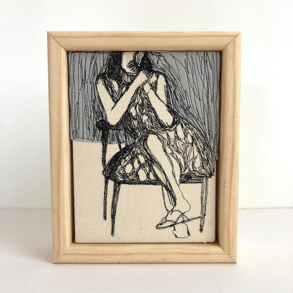 freehand machine stitching, thread drawing, figure, Deibenkorn