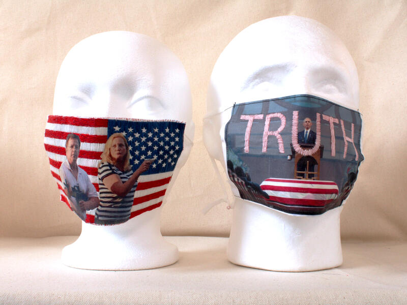political art, hand embroidery, image transfer, cover art, mask 