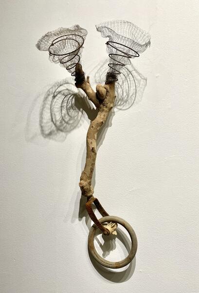 Joy Ride, 36x16x7", Tree root with natural stone inclusion, wheel, bedsprings, mole mesh, paint