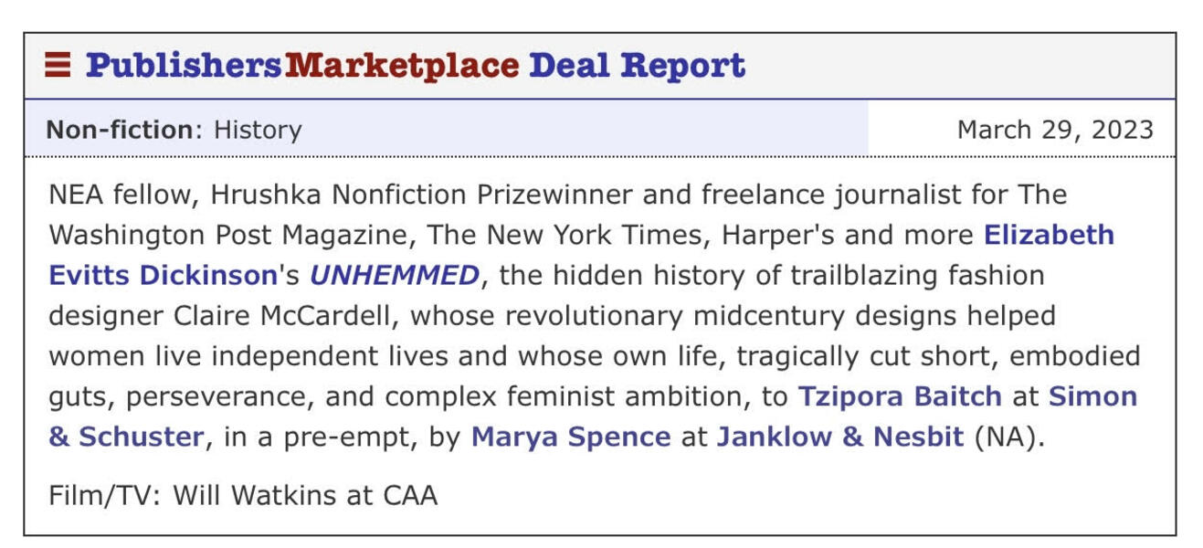 Publishers Marketplace Announcement for Unhemmed