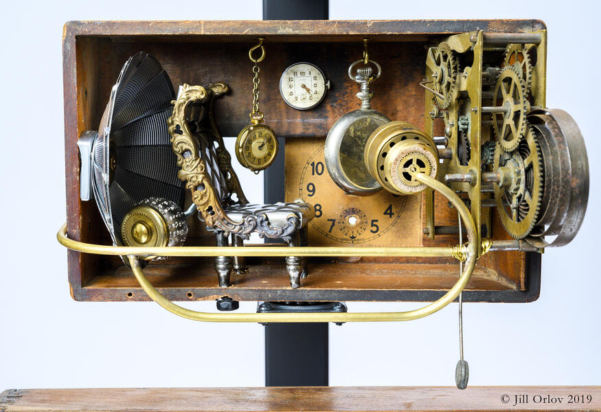 The Time Machine, Morlocks, Eloi, HG Wells, literary art, library art, book art, miniature library, miniature books, clock part art, watch part art, camera part art