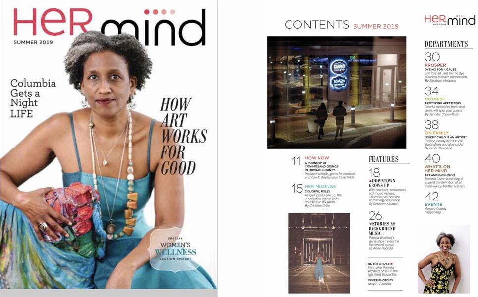 The front cover and table of contents pages of Her Mind magazine with a photo of Pamela Woolford on the cover wearing a long turquoise dress and seated on a colorfully painted papier mache chair.