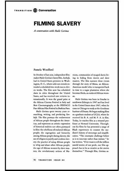 A page from the journal Transition with the headline "Filming Slavery: A conversation with Haile Gerima" and the author's name "Pamela Woolford" and the opening narrative to the interview.
