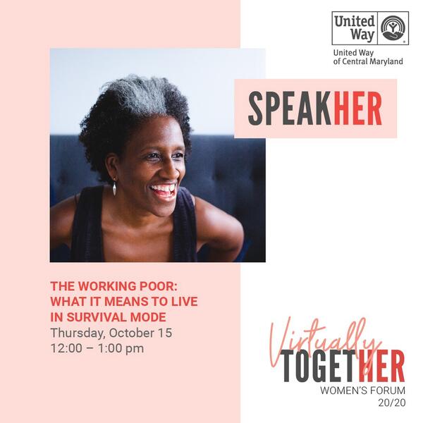 Headshot of Pamela Woolford superimposed with the words SpeakHER "The Working Poor: What It Means to Live in Survival Mode"