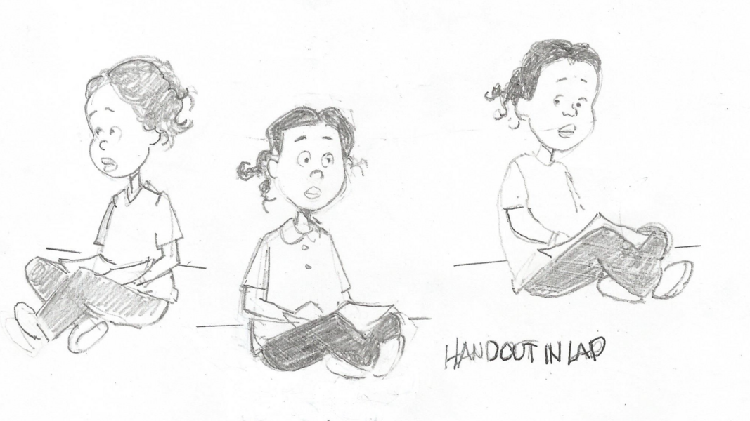 Ink or pencil drawing of three versions of the same young girl, who is seated crossed leg with a piece of paper in her lap.