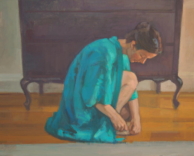 Woman Kneeling With Blue Kimono