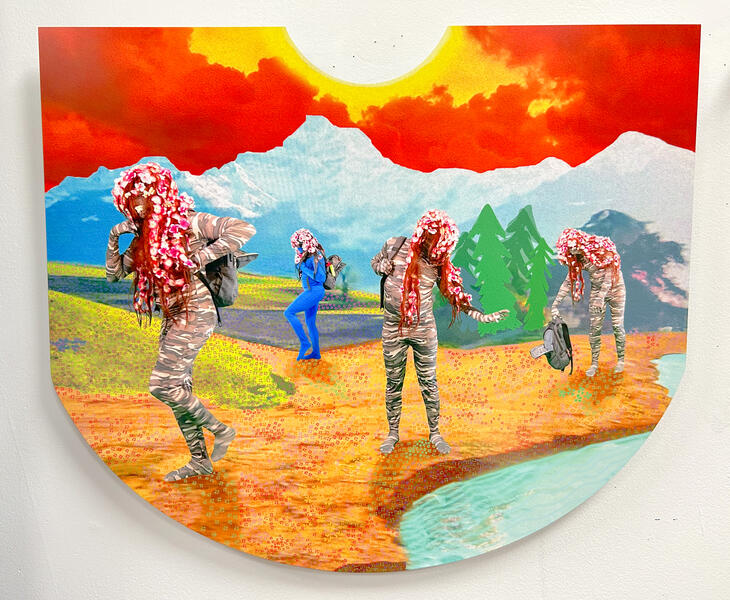 Climate Poncho, 2022, performance for the camera, digital collage, on sublimated aluminum