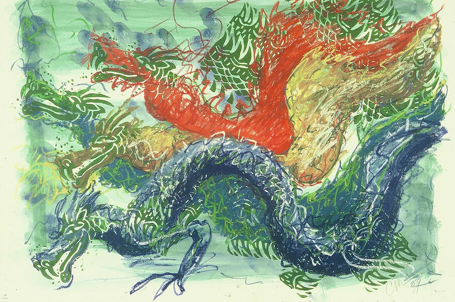 Sea Dragons, linoleum block print art by Carol McGraw