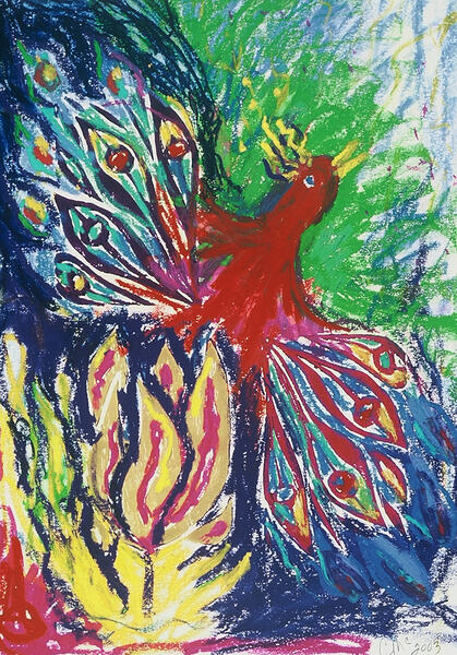 Red Phoenix, linoleum block print art by Carol McGraw