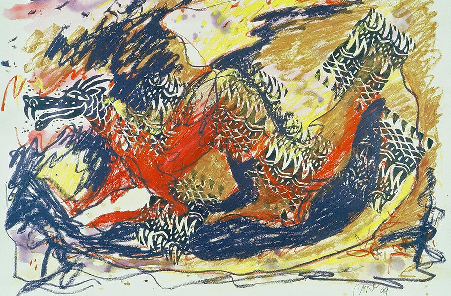 Purple Flame Dragon, linoleum block print art by Carol McGraw